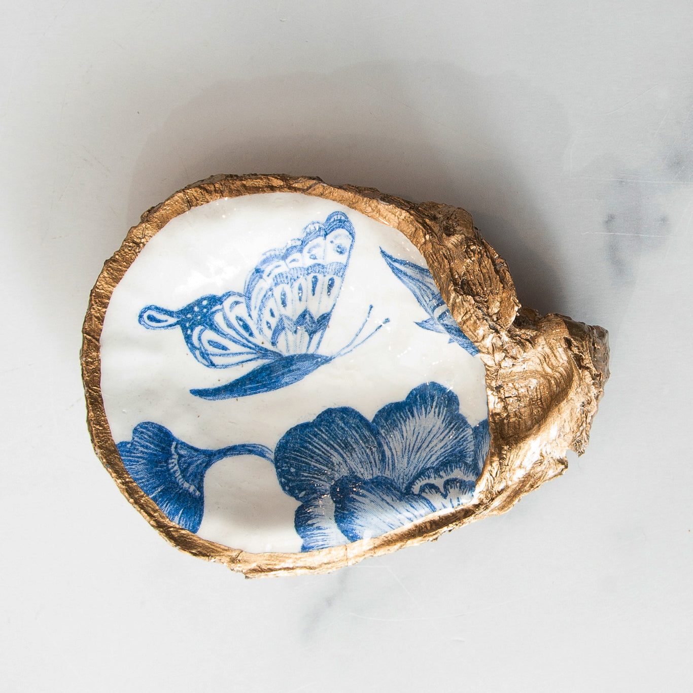 Indigo Decoupage Oyster Shell Ring Dish